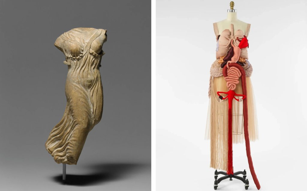 Слева: Терракотовая статуэтка богини Ники (V век до н.э.); справа: Renata Buzzo. «Corset Anatomia» (весна-лето 2025) © Фото: The Metropolitan Museum of Art
