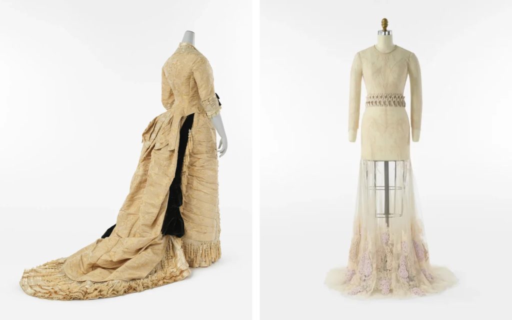 Слева: вечернее платье 1875–1878 годов от французского дизайнера Мон Виньон;  справа: тюлевое платье Givenchy времён Риккардо Тиши (осень-зима 2010/2011) © Фото: The Metropolitan Museum of Art

